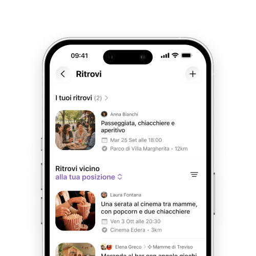 Schermata dei ritrovi vicini nell’app MOMI